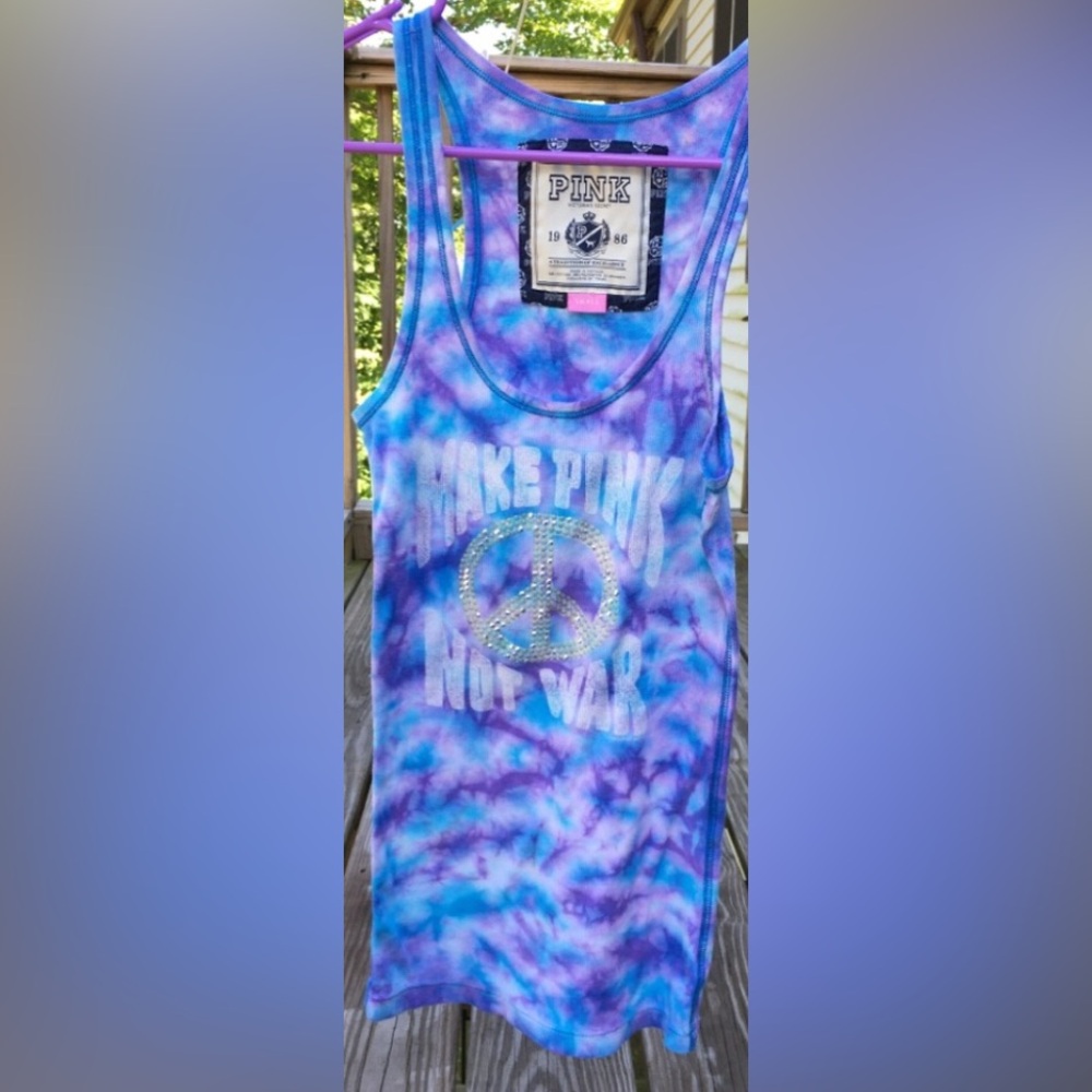 💙☮️Tie-Dye Tank Top with Bling Peace Sign- SzSmall - Picture 2 of 10